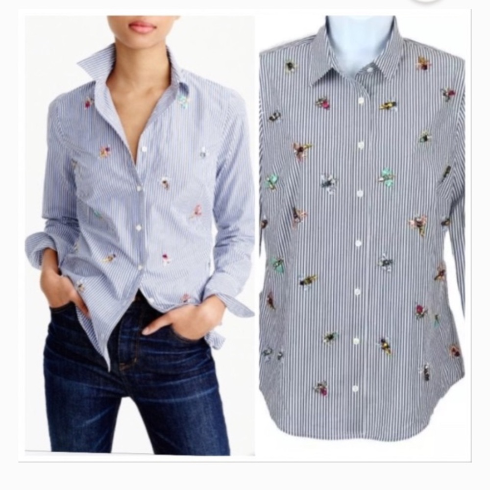 J. Crew Blue Striped Bejeweled Insect Embellished Button-Up Perfect Shirt 2